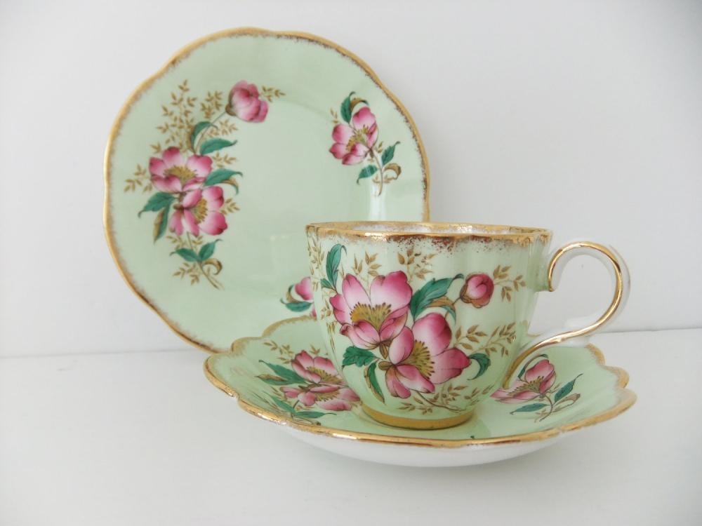 Vintage Clare China Tea Cup, Saucer And Side Plate - Mint Green With Pink Blossom