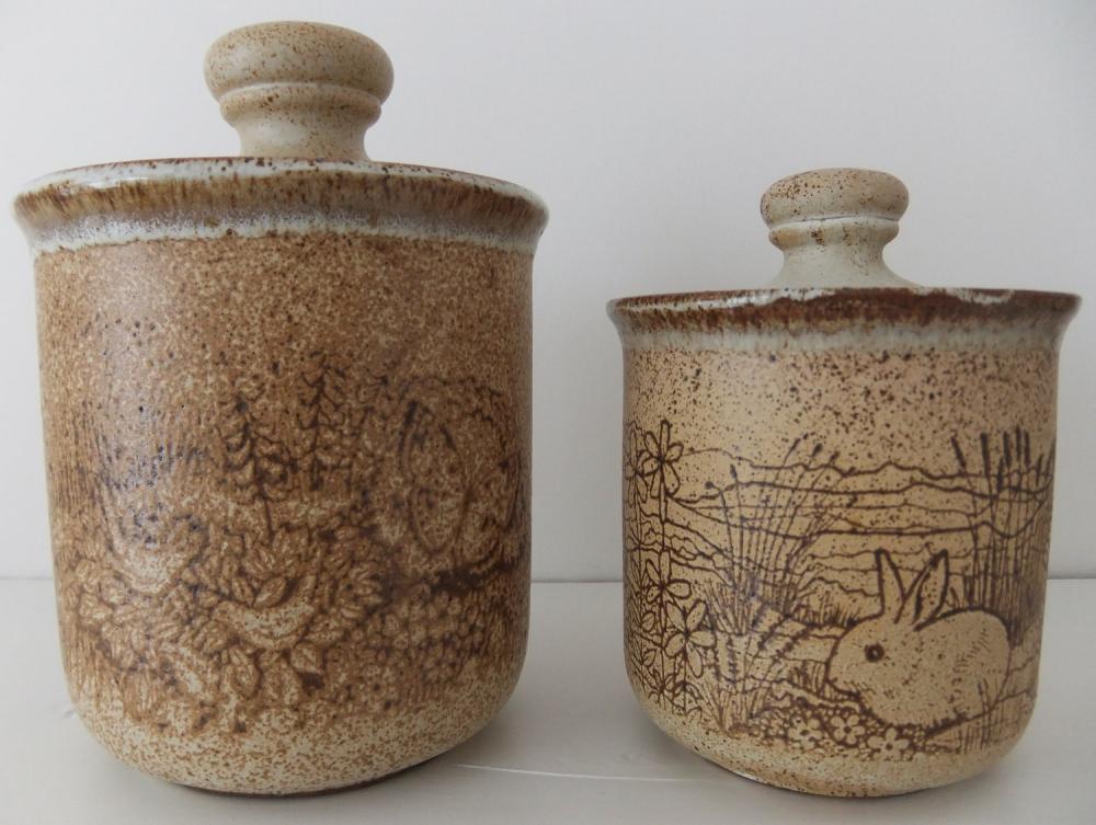 Set Of 2 Vintage Pottery Storage Jars With Birds, Butterflies And Bunnies