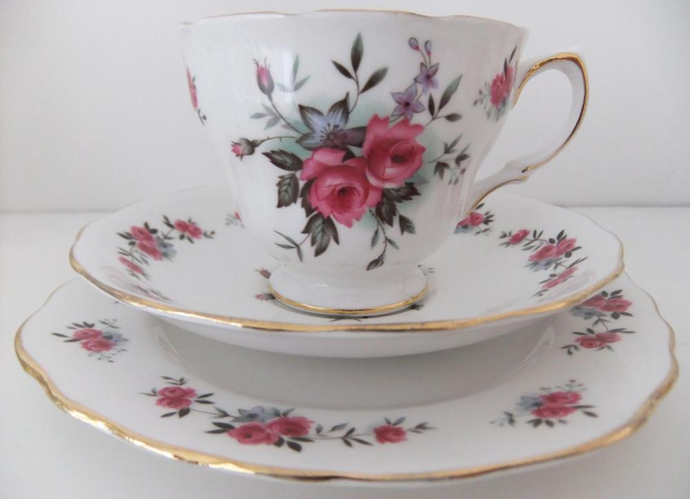 Queen Anne by Ridgway 8505 Pink Roses and Tan Scrolls Bone China Cup and Saucer