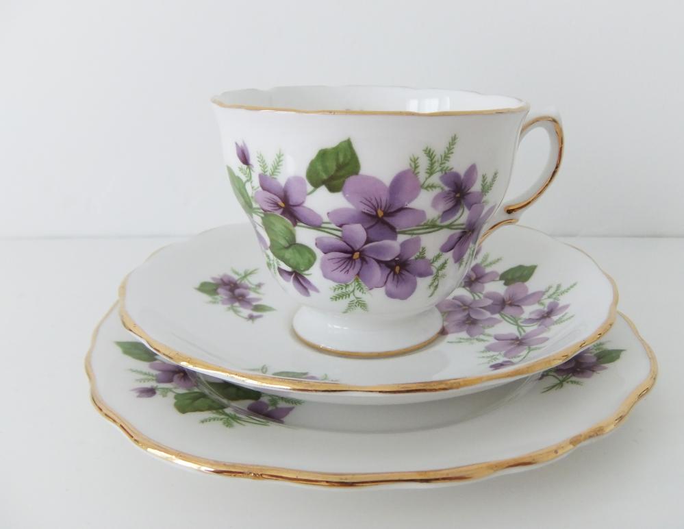 Royal Vale China Trio - Tea Cup, Saucer And Side Plate In White Bone China With Violets