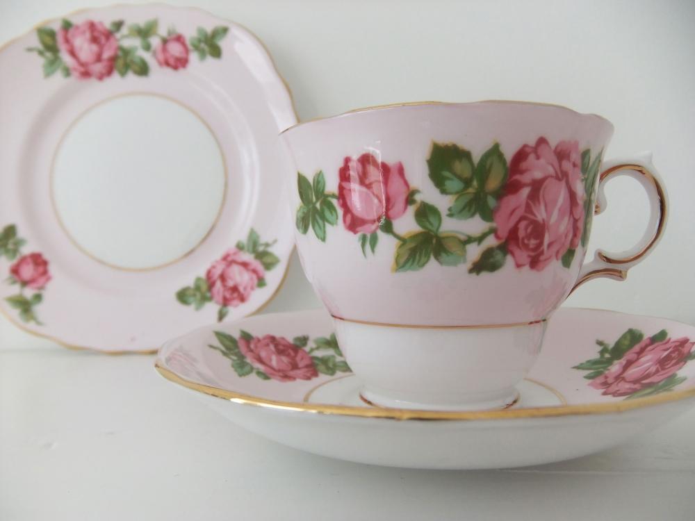Vintage China Tea Cup, Saucer And Plate - Vintage Colclough English Bone China - Pink With Pink Roses