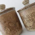 Set Of 2 Vintage Pottery Storage Jars With Birds,..